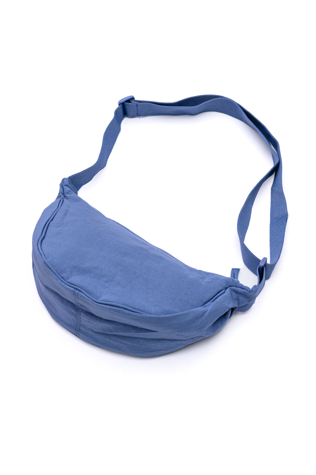 nylon crossbody bag, dumpling bag, dusty blue purse, mini crossbody, round travel bag, crescent bag, lightweight handbag, everyday essentials bag
