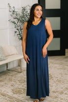 Navy maxi dress, ribbed knit dress, sleeveless maxi, stretchy comfortable dress, women's casual dress, navy blue sundress, cable knit maxi.