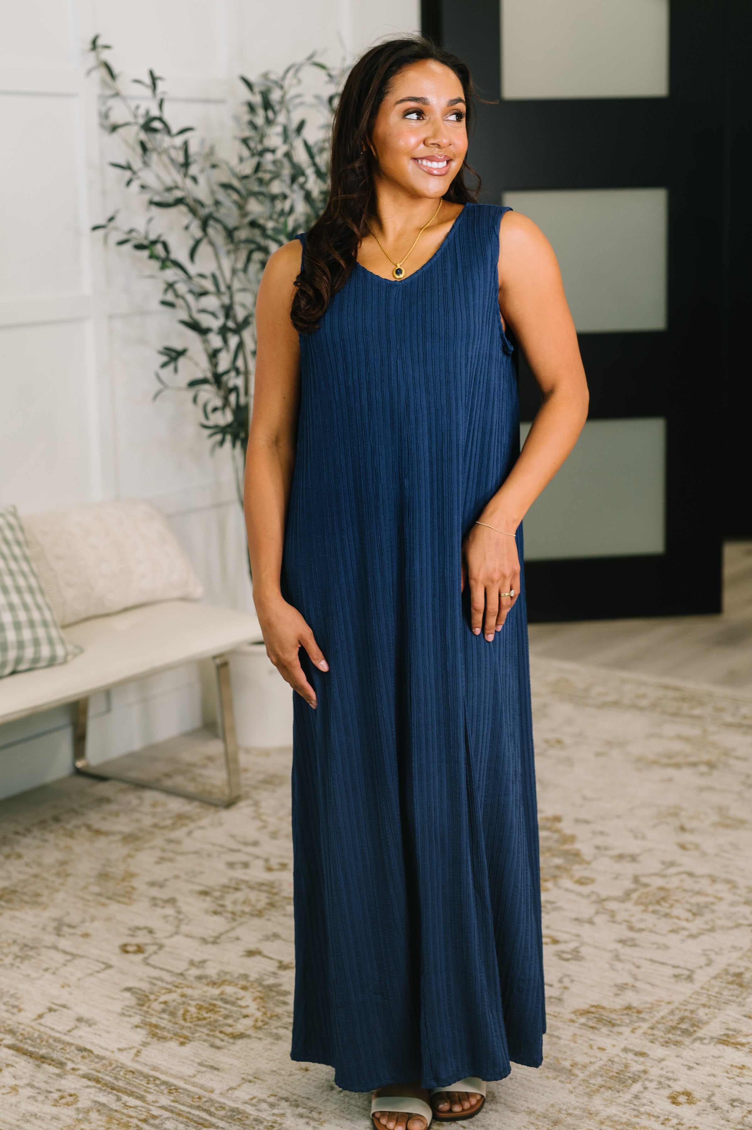 Navy maxi dress, ribbed knit dress, sleeveless maxi, stretchy comfortable dress, women's casual dress, navy blue sundress, cable knit maxi.