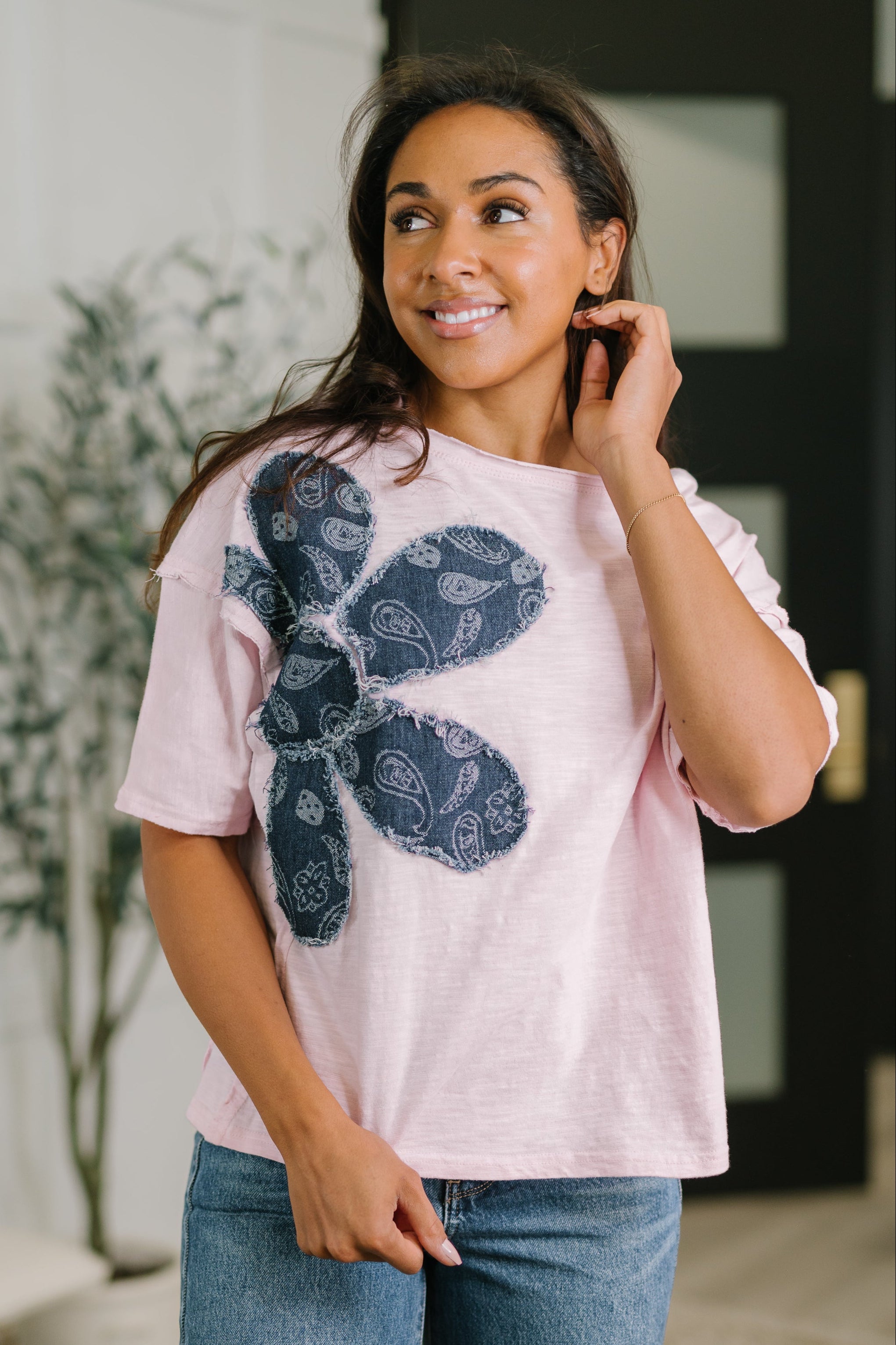 Paisley Floral Top, Women's Cotton Tee, Applique Graphic Shirt, Heathered Knit Top, Boho Chic Style, Relaxed Fit Women's Top, Exposed Seam Detail, Pink Cotton Knit.
