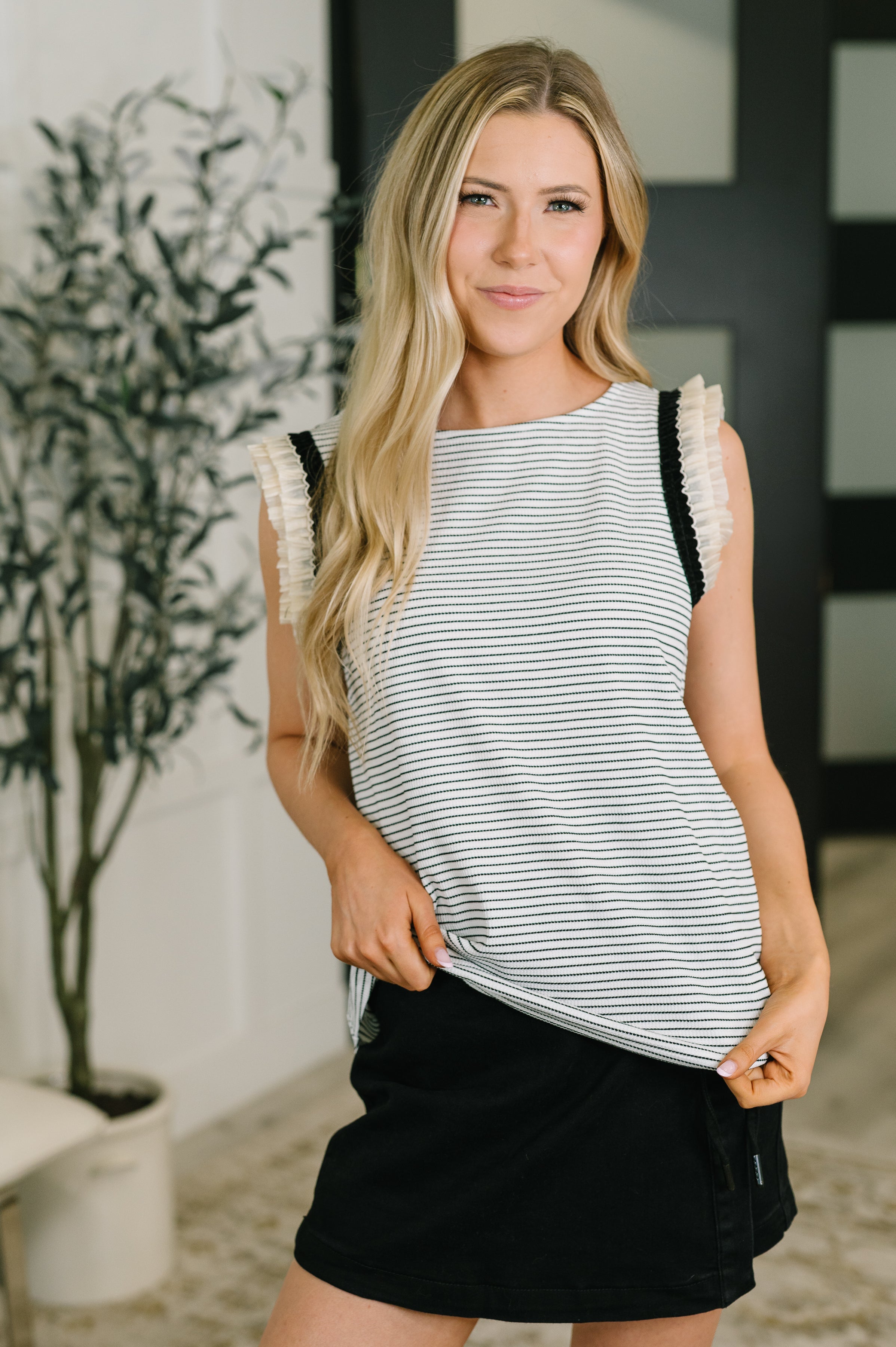Waffle knit blouse, striped ruffle top, women's boatneck top, high stretch blouse, chic casual tops, feminine ruffle sleeves, textured knit shirt, FabKnits fashion.