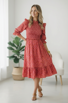 Smocked midi dress, 100% cotton floral dress, ruffle puff sleeve dress, red spring outfit, feminine animal print midi, brunch date dress, romantic spring fashion.