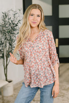 floral knit top, women’s split neck blouse, half sleeve floral shirt, relaxed fit knit top, sleeve tab blouse, casual floral top, stretch knit floral shirt