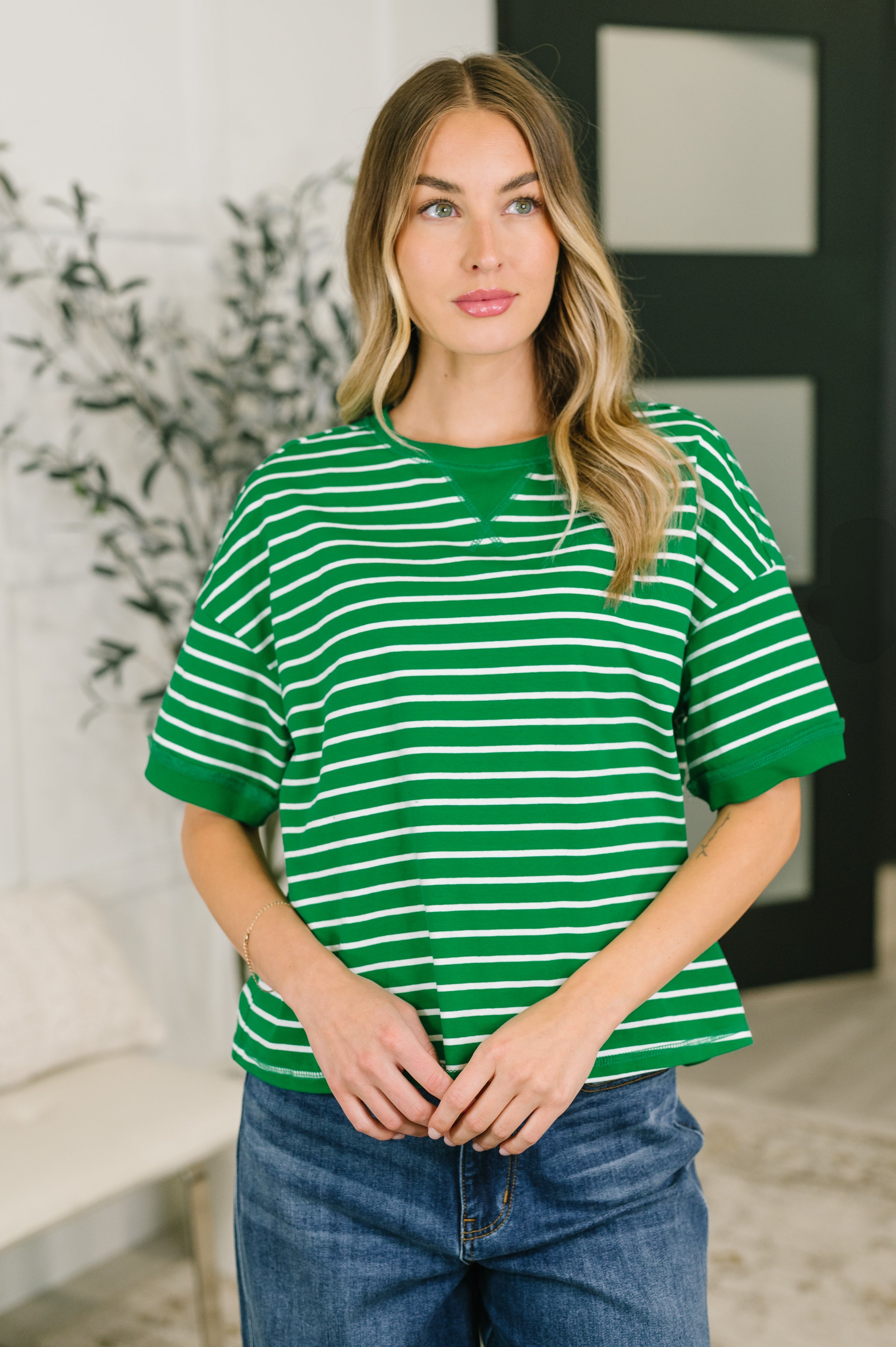 Striped casual top, drop shoulder tee, women's relaxed cotton shirt, green striped jersey top, comfortable everyday fashion, premium cotton stretch top, edgy casual wear.