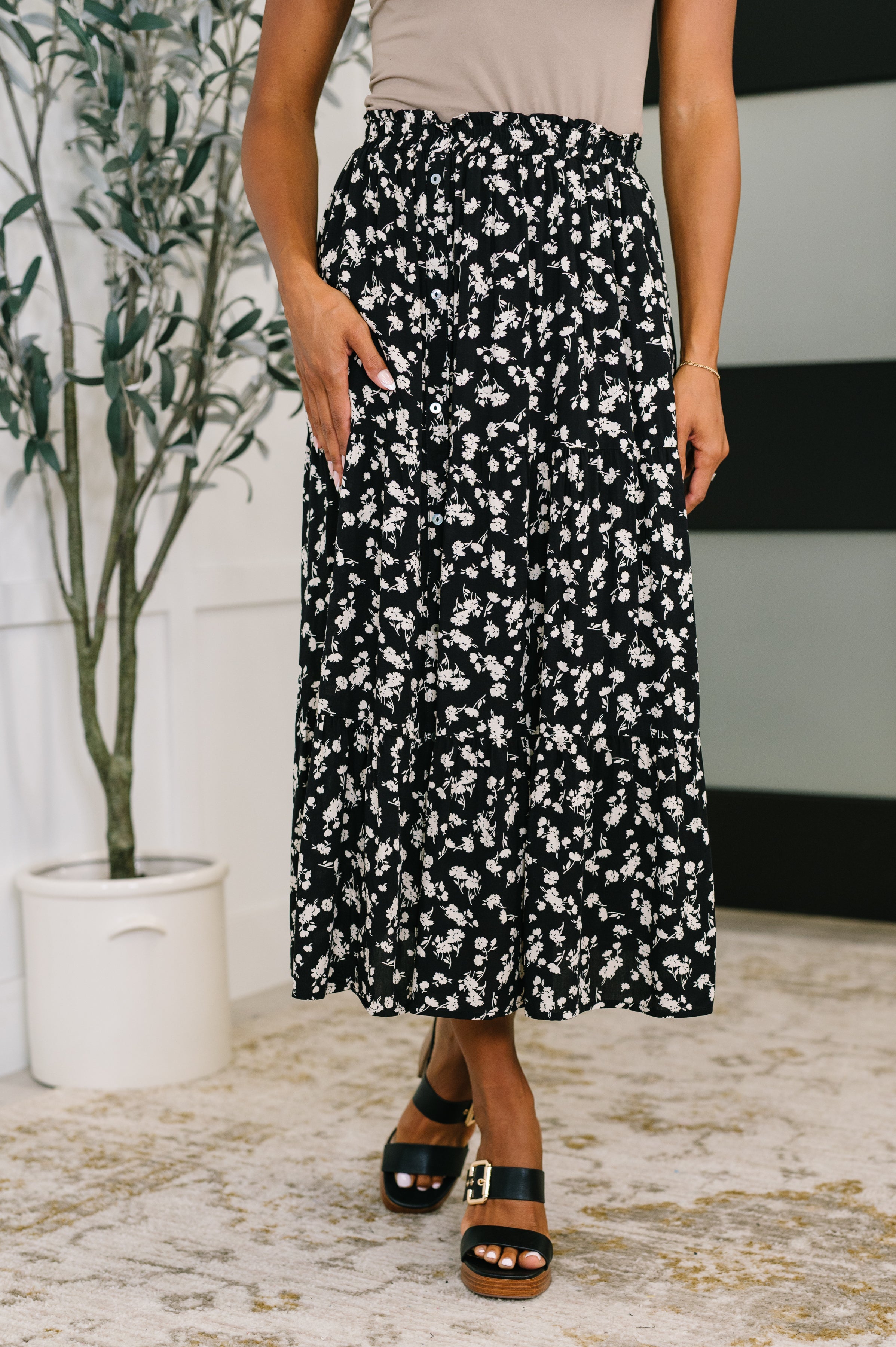 Floral midi skirt, tiered skirt with pockets, ditsy floral print, women's rayon skirt, elastic waist skirt, lightweight summer skirt, boho feminine fashion.