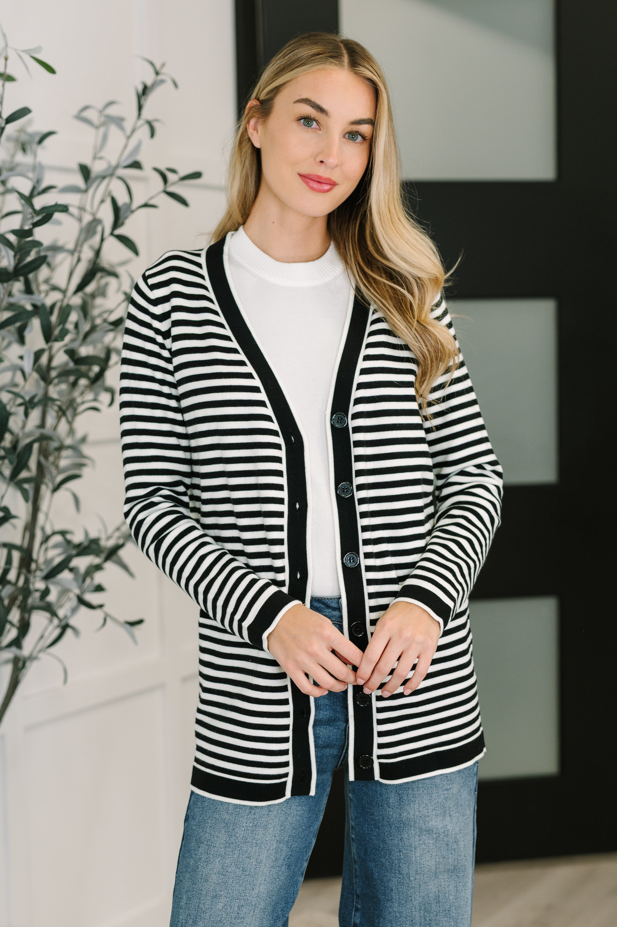 striped cardigan, lightweight sweater, v-neck cardigan, women's knit cardigan, button-down cardigan, boutique layering pieces, chic striped knitwear
