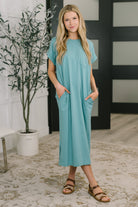 dusty teal midi dress, jersey knit dress, short sleeve midi dress, pocket midi dress, cotton spandex dress, casual midi dress, t-shirt dress with pockets, women's modest dress