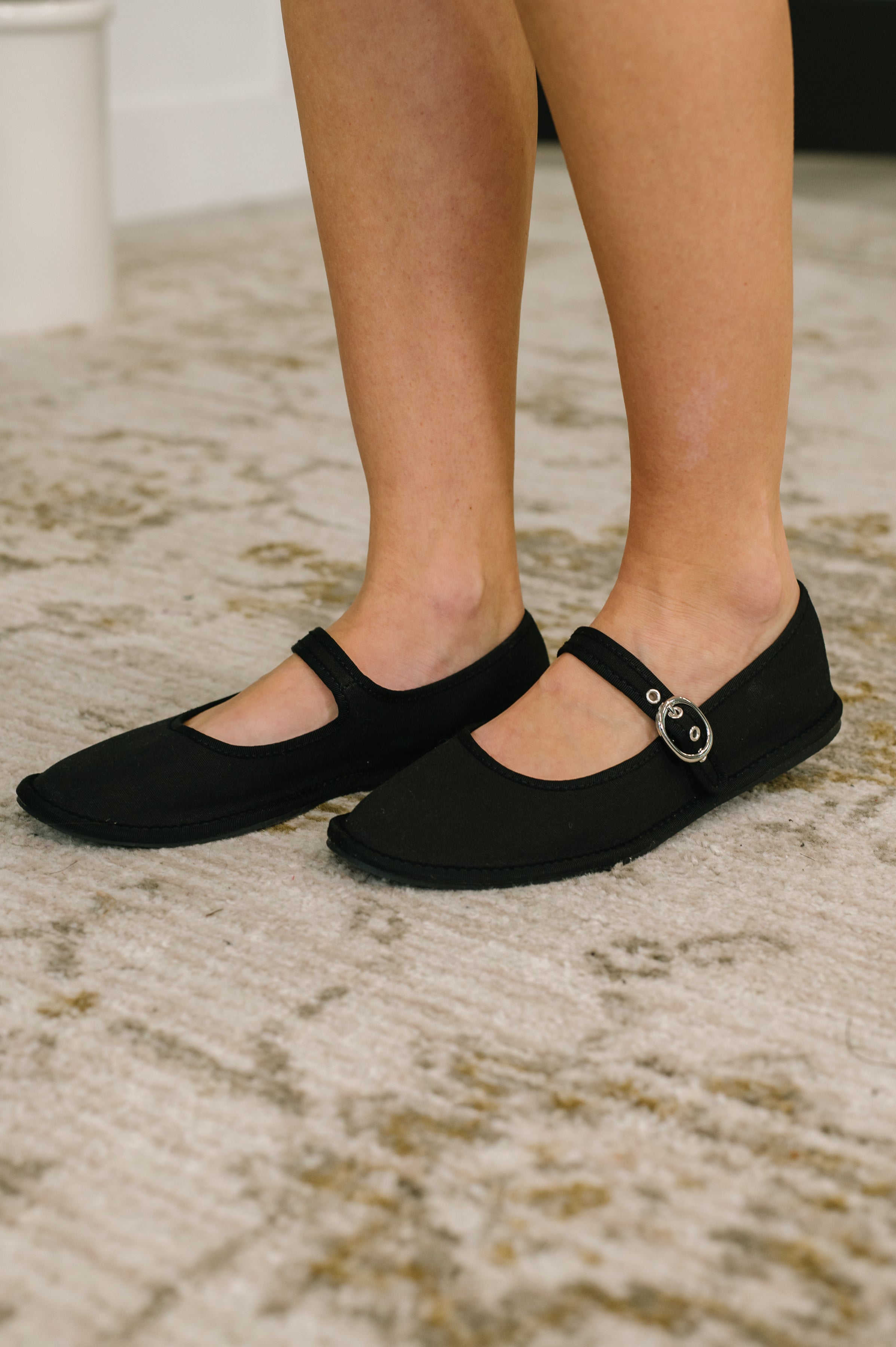 Black buckle flats, cotton Mary Janes, women's ballet flats, comfortable black shoes, adjustable strap flats, breathable footwear, chic everyday flats.