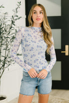 Sheer mesh top, floral layering top, light blue mesh blouse, lettuce hem top, high neck mesh shirt, see-through long sleeve, women's sheer knit, Y2K mesh top.