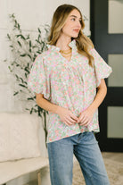 floral blouse, ruffle neck top, notch neck blouse, balloon sleeve top, poplin floral top, women’s spring fashion, feminine brunch outfit, garden party style, romantic woven blouse