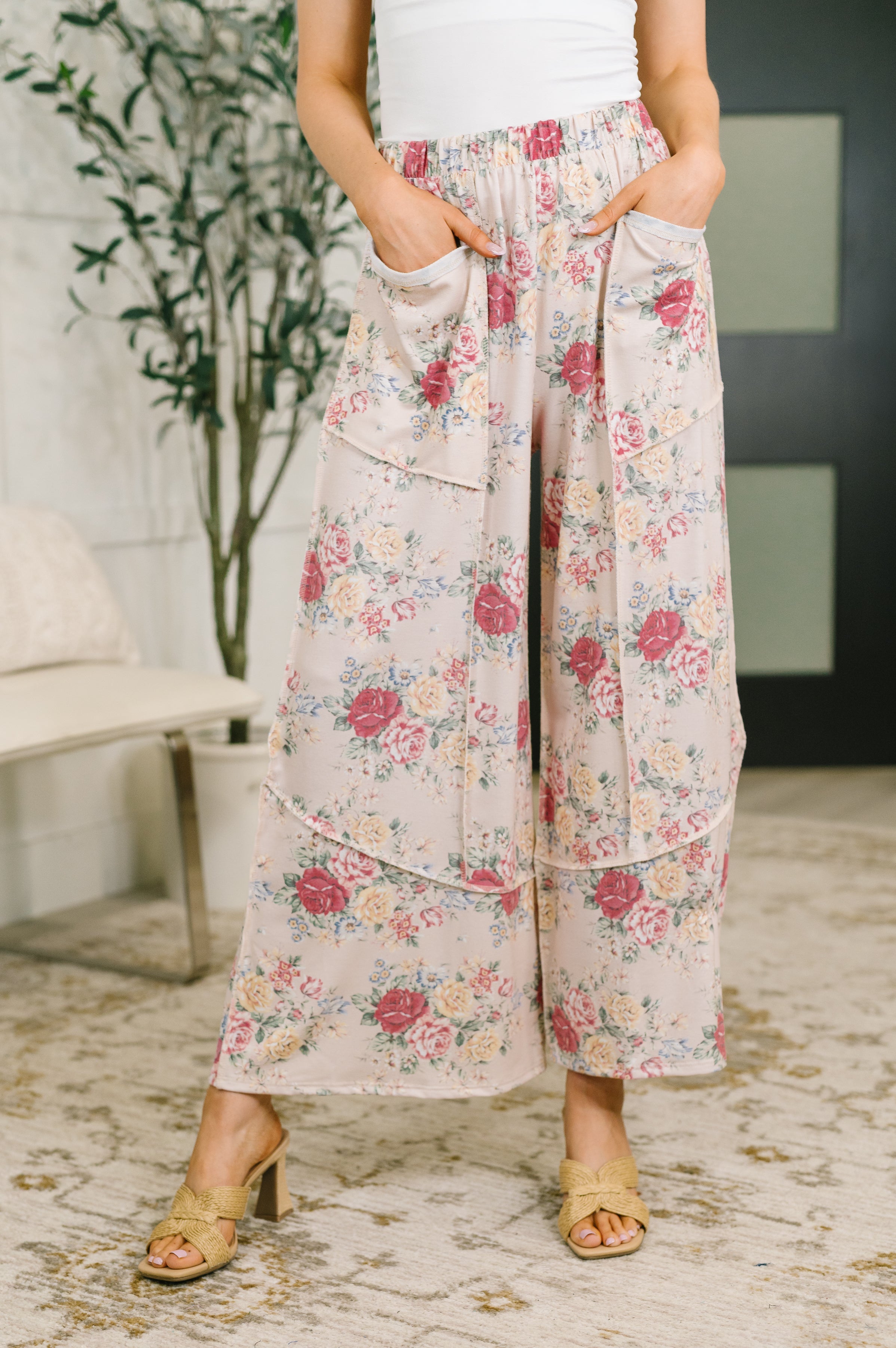 Wide leg floral pants, French terry bottoms, high waisted loungewear, floral palazzo pants, comfortable women's trousers, boho floral pants, soft stretch wide leg.