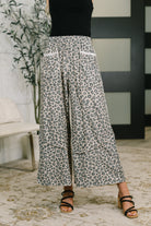 Leopard print pants, wide leg lounge bottoms, high waisted animal print, French terry pants, comfortable wide leg trousers, leopard print loungewear, women's printed pants, flowy leopard bottoms.