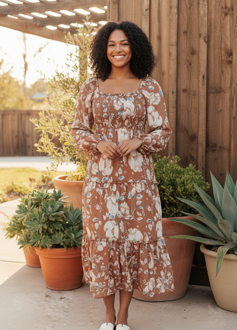 floral maxi dress, smocked bodice dress, square neck long dress, boho tiered maxi, high waist floral dress, long sleeve maxi, women's spring fashion, elegant party dress, willow floral dress