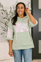 Women's cable knit hoodie, sage green patchwork top, floral knit hooded top, half sleeve hoodie, boutique ribbed knit top, boho chic loungewear, comfortable transition tops.