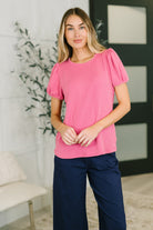 Fuchsia blouse, balloon sleeve top, cable knit sweater, pink ribbed blouse, women's dressy tops, Grace & Virtue clothing, vibrant spring fashion, cable knit shirt.