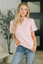 Textured floral blouse, puff sleeve top, pink notch neck blouse, women's spring tops, romantic vintage style, woven ruffle neck top, floral balloon sleeve shirt.