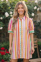striped mini dress, summer shirt dress, colorful puff sleeve dress, scalloped trim dress, brunch outfit ideas, women's striped dress, vibrant summer fashion