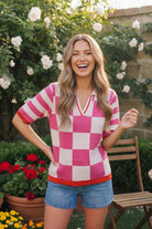 Checkered knit top, pink polo sweater, women's retro polo, cotton knit top, preppy checkered shirt, pink and cream polo, short sleeve knit top, golf cart style