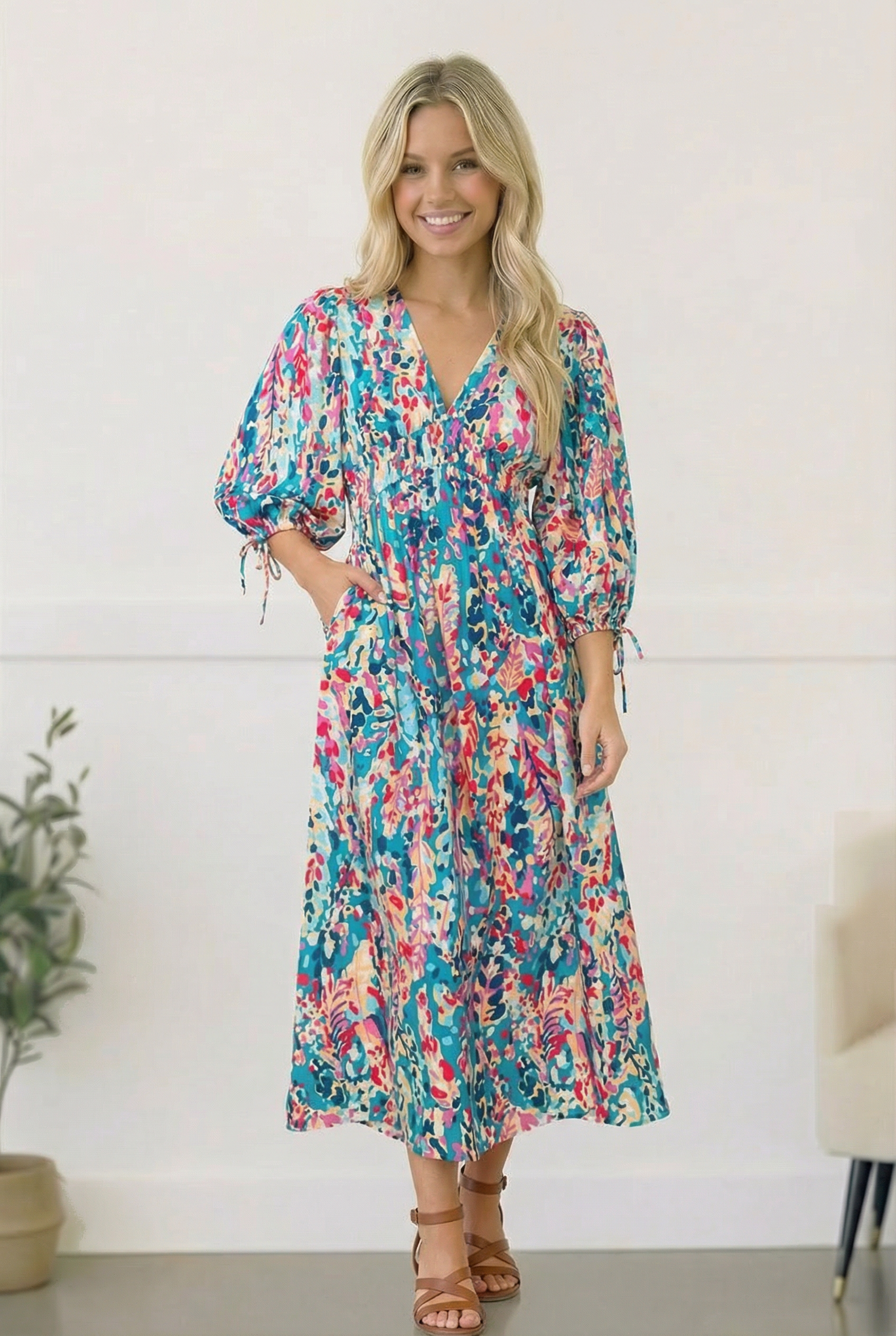 Turquoise maxi dress, abstract floral dress, boho wedding guest dress, balloon sleeve maxi, summer vacation outfits, colorful floral dress, women's boutique fashion, flowy summer dress.