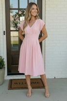 Blush pink dress, flutter sleeve midi, pleated A-line dress, wedding guest dress, feminine brunch outfit, pink cocktail dress, modest midi dress.