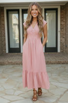 red striped maxi dress, tiered summer dress, smocked bodice maxi, women’s dress with pockets, breezy red sun dress, vacation maxi dress, ruffle hem dress.