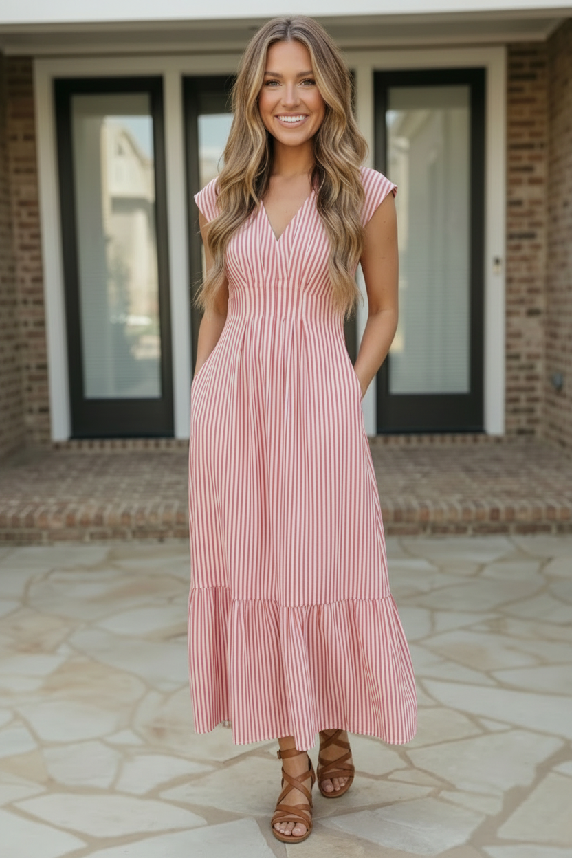 red striped maxi dress, tiered summer dress, smocked bodice maxi, women’s dress with pockets, breezy red sun dress, vacation maxi dress, ruffle hem dress.