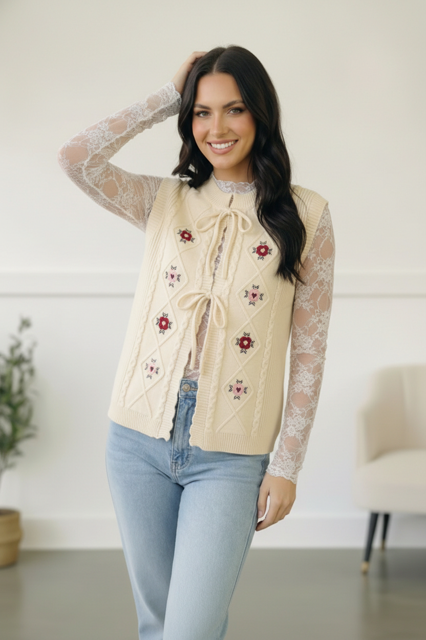 Embroidered vest, knit vest with ties, floral sweater vest, vintage style clothing, cottagecore vest, women's layering vest, neutral knitwear, boho embroidered vest.