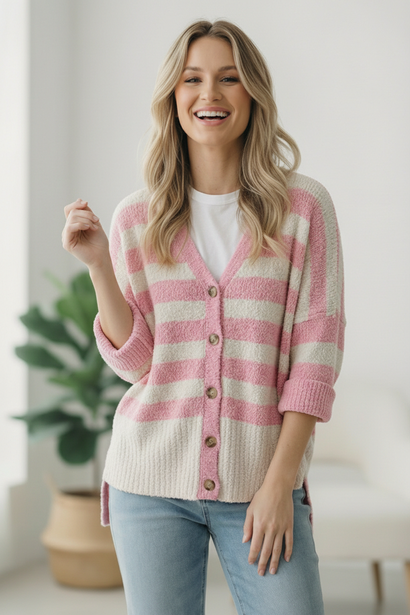 oversized cardigan, striped sweater, popcorn knit cardigan, women's boutique sweaters, V-neck button down, cozy layering pieces, pink striped sweater, relaxed fit knitwear.