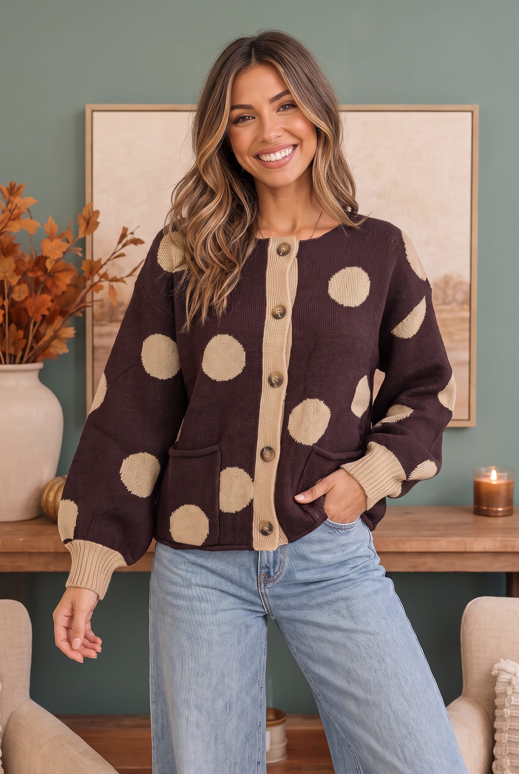 Polka dot cardigan, chunky knit sweater, chocolate brown cardigan, oversized button front sweater, camel and brown knitwear, women's fall cardigan, relaxed fit sweater