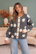 charcoal cardigan, polka dot sweater, knit cardigan women, retro knitwear, vintage style cardigan, boxy cardigan, button up sweater, charcoal and cream knit, fall fashion layers, cozy knitwear