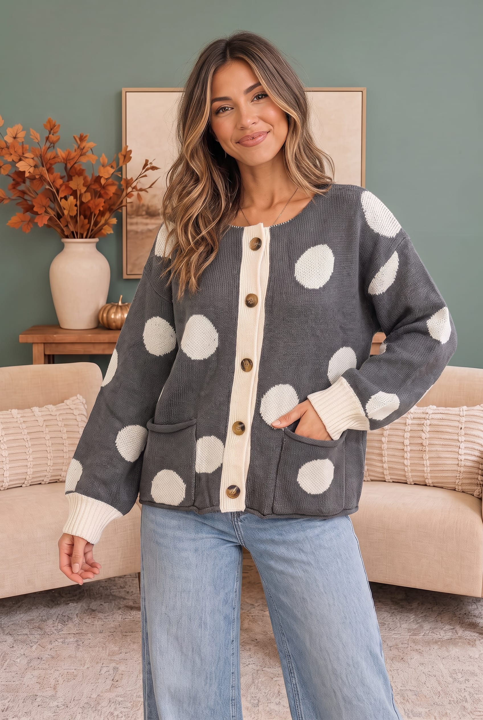 charcoal cardigan, polka dot sweater, knit cardigan women, retro knitwear, vintage style cardigan, boxy cardigan, button up sweater, charcoal and cream knit, fall fashion layers, cozy knitwear