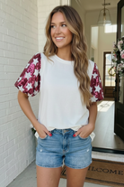 sequin puff sleeve top, star print shirt, pink and white tee, festive boutique tops, gameday outfit, star sequin top, women's statement shirts, pink star top