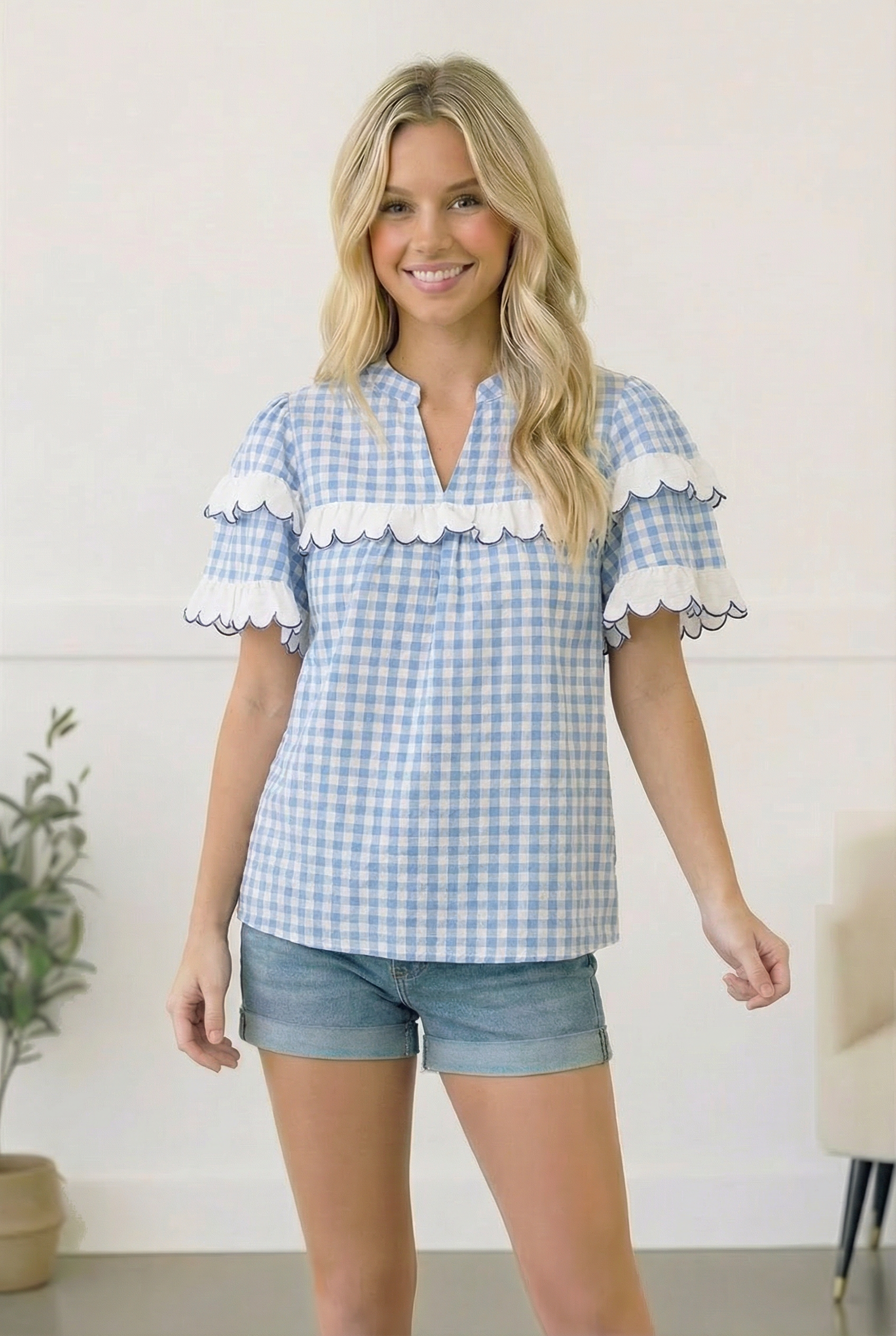 blue gingham top, ruffle sleeve blouse, scalloped cotton top, blue checkered blouse, women's summer cotton tops, V-neck gingham shirt, feminine ruffle top, Sweet Meadow blouse