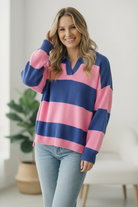oversized striped sweater, collared notch neck knit, pink and blue color block top, women's sporty sweater, relaxed fit knitwear, cozy striped pullover, boutique oversized sweater