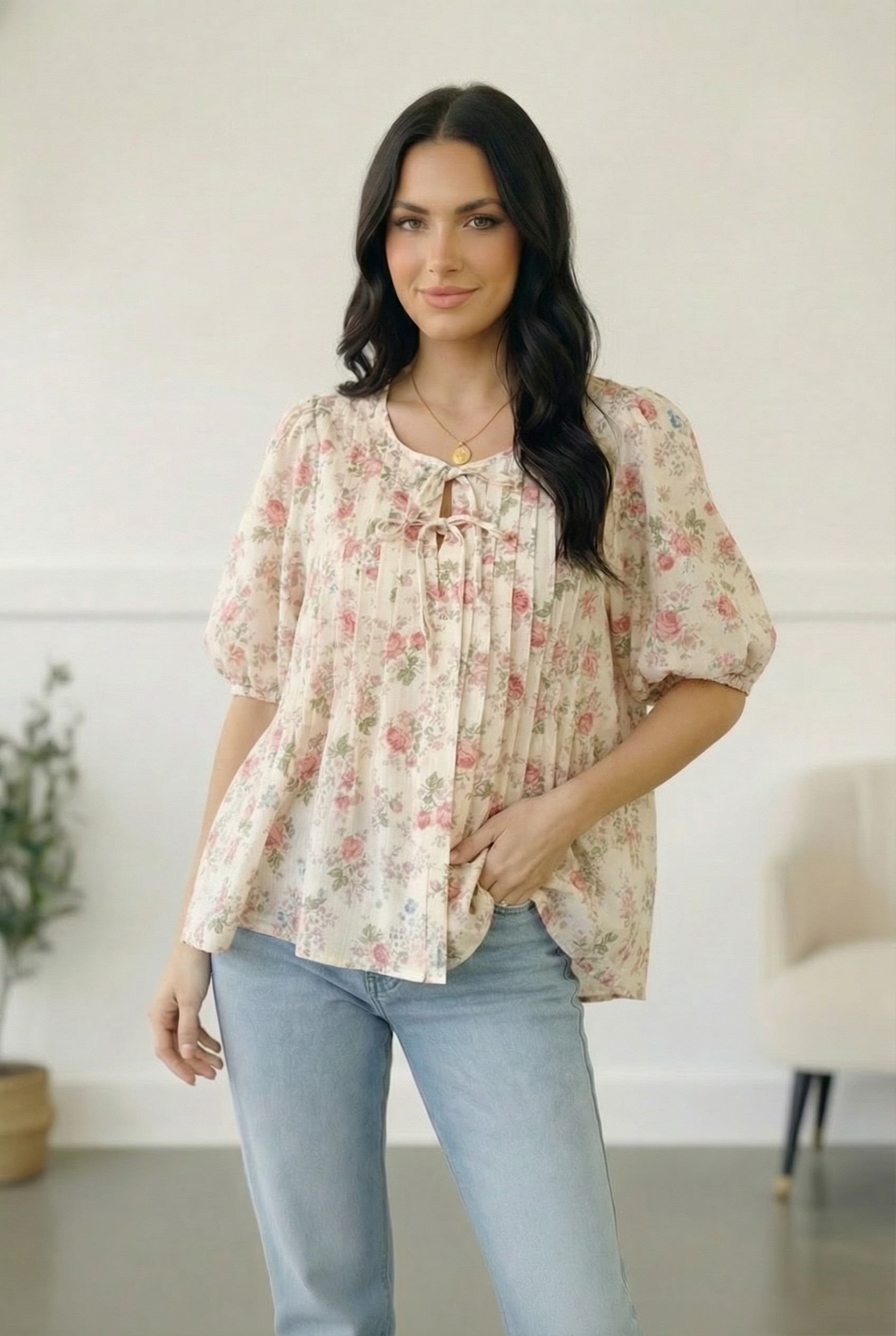 Floral pleated blouse, cream floral top, tie-neck blouse, romantic feminine top, airy puff sleeve blouse, women’s spring fashion, elegant floral shirt.