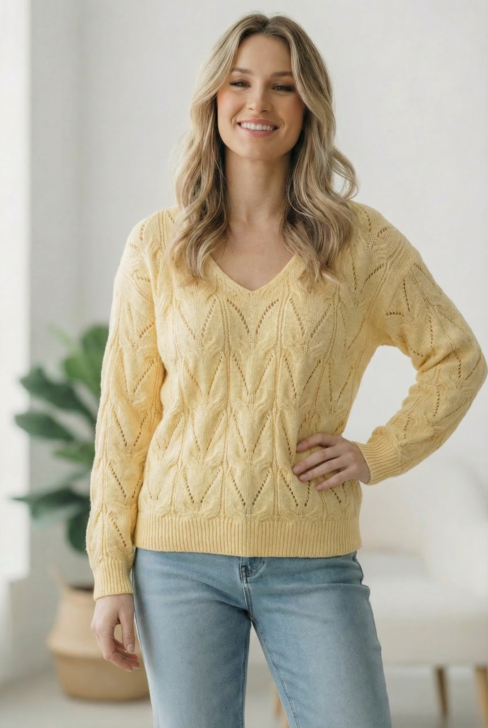 Women’s V-neck sweater, textured knit top, yellow knit sweater, pointelle knit, casual long sleeve sweater, spring layering top, stretchy knit sweater, lightweight sweater.