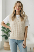 Cream Sweater Vest, Cable Knit Vest, V-Neck Sleeveless Sweater, Women's Layering Top, Cotton Blend Knit, Neutral Sweater Vest, Dolman Sleeve Knit, Boho Style Sweater.