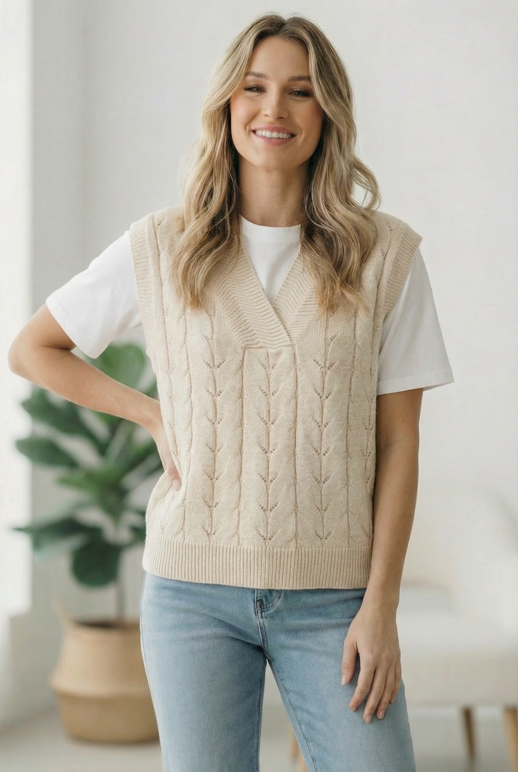 Cream Sweater Vest, Cable Knit Vest, V-Neck Sleeveless Sweater, Women's Layering Top, Cotton Blend Knit, Neutral Sweater Vest, Dolman Sleeve Knit, Boho Style Sweater.