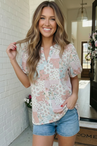 patchwork floral top, puff sleeve blouse, cottagecore clothing, gingham print shirt, feminine boho top, relaxed fit blouse, blush pink floral top, women's spring fashion
