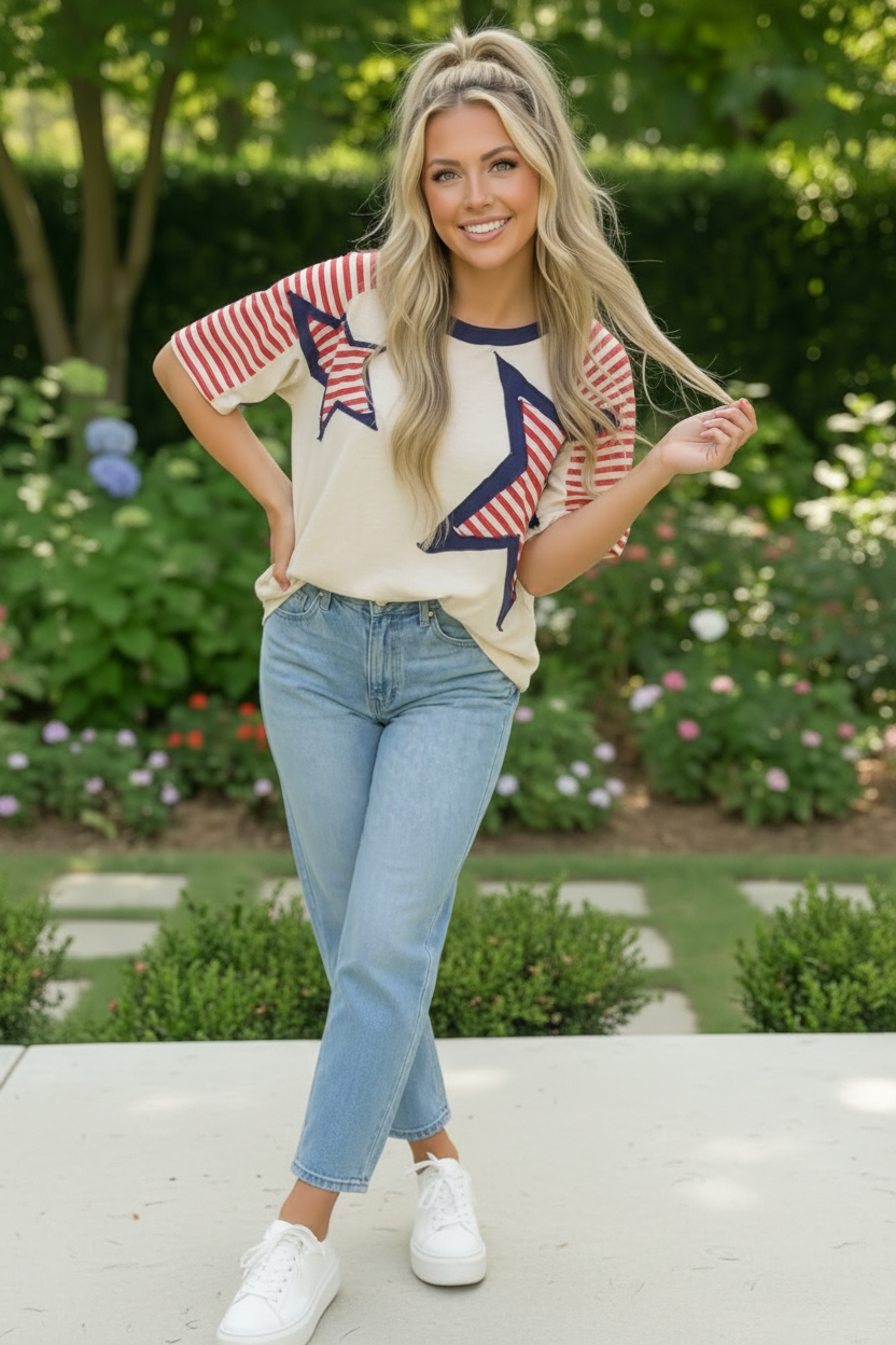Americana clothing, patriotic graphic tee, 4th of July outfit, stars and stripes shirt, oversized cotton tee, women's summer fashion, red white and blue top, Fabknits boutique.
