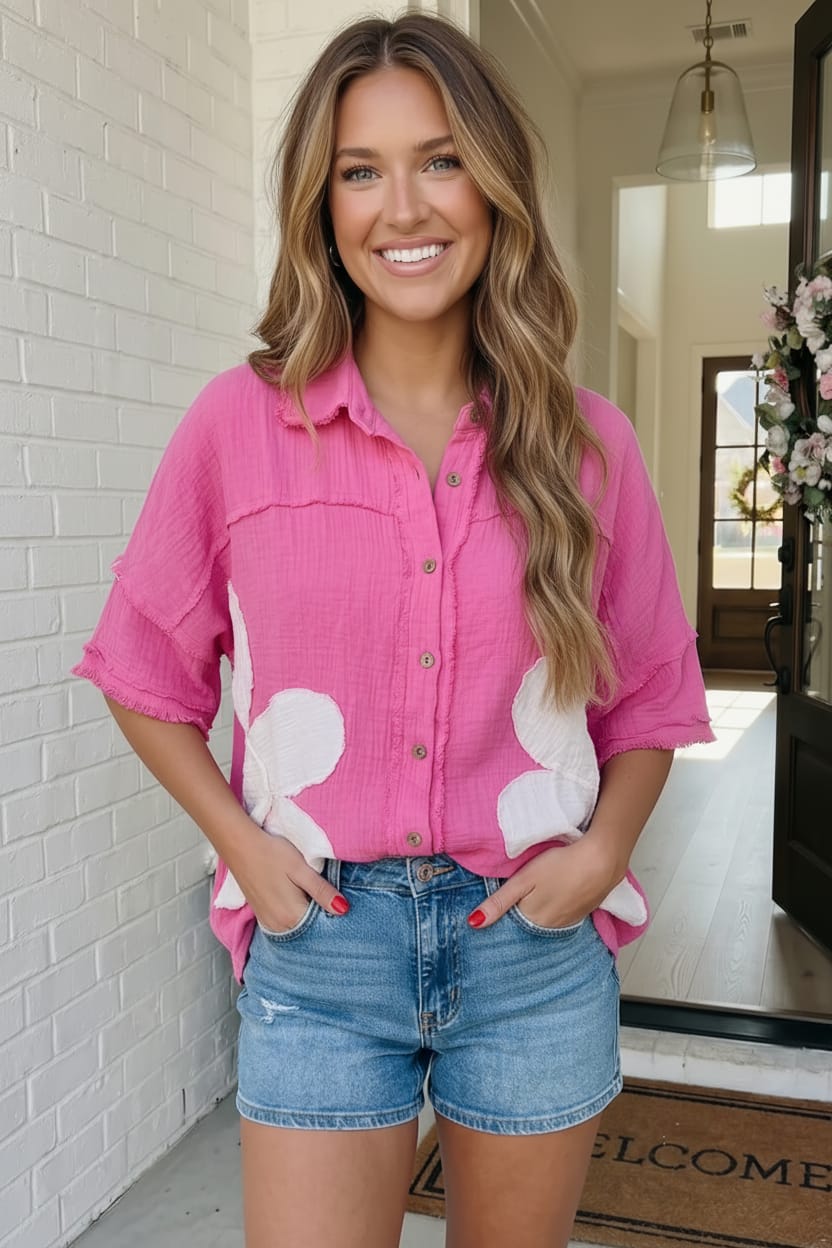 Hot pink button down, daisy floral top, crinkle cotton gauze shirt, women's pink oversized blouse, boho spring fashion, pink cotton button up, floral applique shirt.