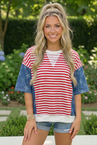 patriotic top, 4th of July shirt, Americana fashion, stars and stripes clothing, women's colorblock top, summer BBQ outfit, red white and blue top, star print shirt.
