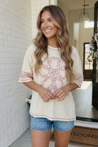 cream floral tee, women's graphic cotton shirt, patchwork ampersand top, boxy cream t-shirt, feminine casual apparel, pink stitch tee, summer cotton top, floral graphic tee