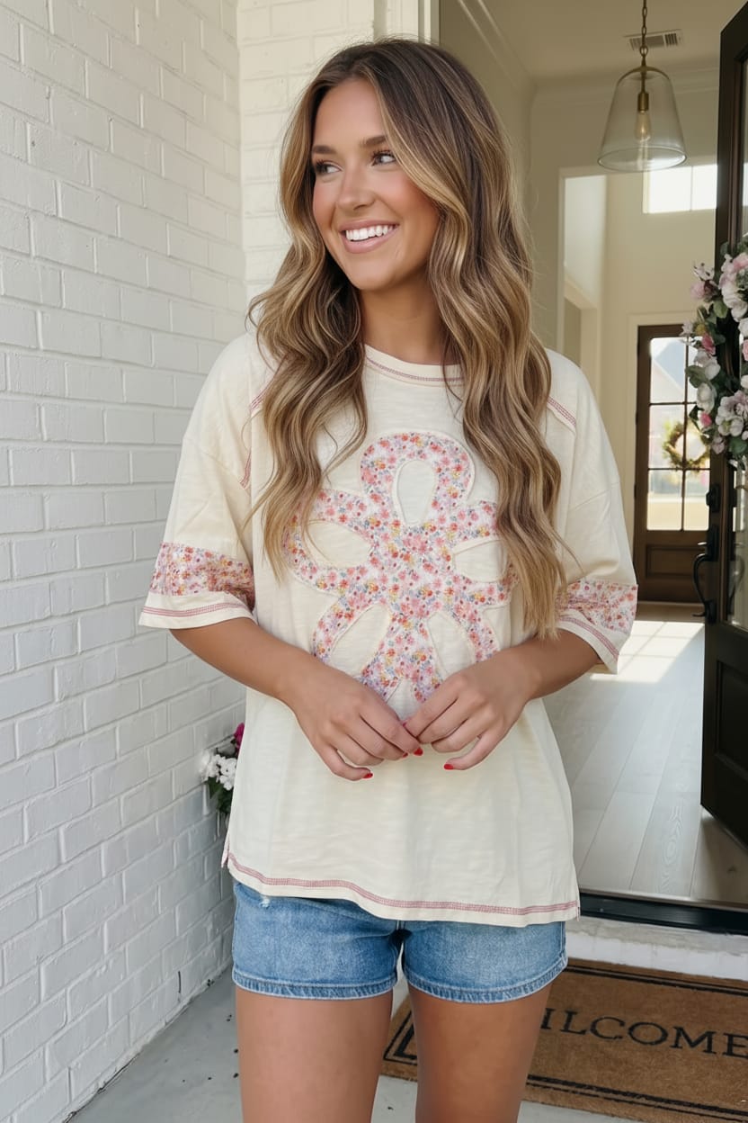 cream floral tee, women's graphic cotton shirt, patchwork ampersand top, boxy cream t-shirt, feminine casual apparel, pink stitch tee, summer cotton top, floral graphic tee