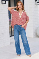 shark bite top, striped henley, color block tunic, red striped shirt, women's oversized top, nautical summer fashion, relaxed fit knit top, casual v-neck shirt