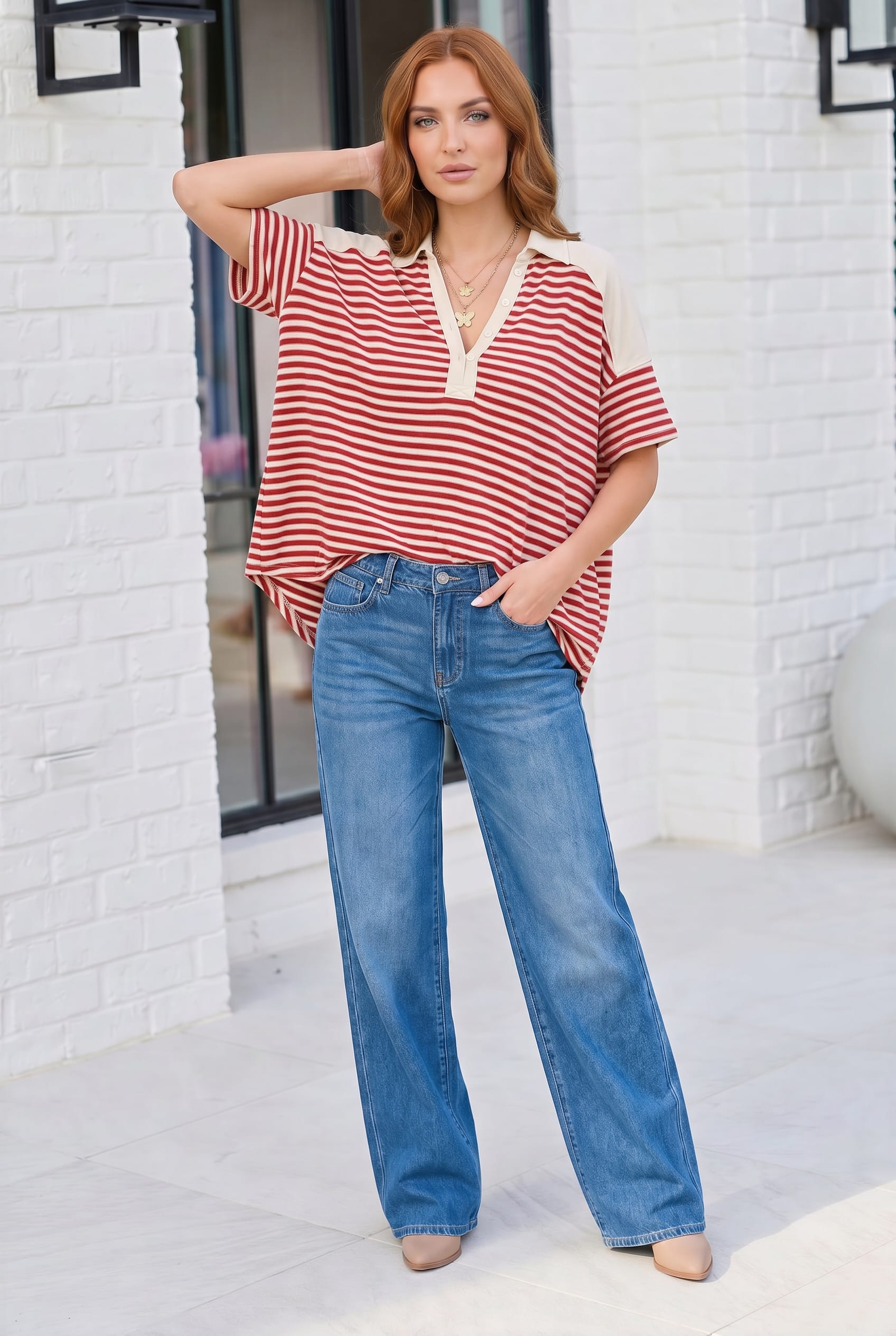 shark bite top, striped henley, color block tunic, red striped shirt, women's oversized top, nautical summer fashion, relaxed fit knit top, casual v-neck shirt