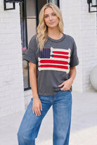 American flag t-shirt, fringe graphic tee, Americana clothing, patriotic women's top, charcoal flag shirt, Fourth of July outfit, artisan flag tee, boxy graphic t-shirt