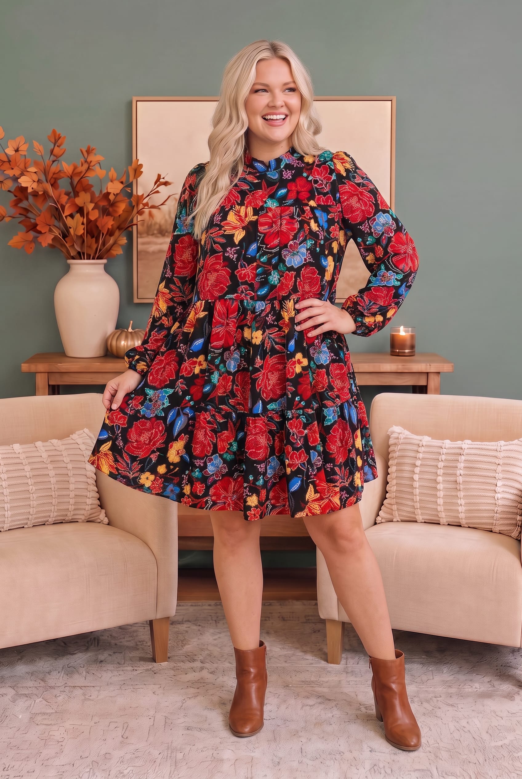 Floral mini dress, long sleeve babydoll dress, tiered floral dress, boho mini dress, transitional autumn fashion, tapestry print dress, black floral dress.
