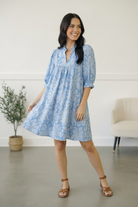 Blue floral babydoll dress, puff sleeve mini dress, garden party dress, blue sundress with pockets, summer floral outfits, women's lightweight vacation dress, Garden at the Harbor dress.