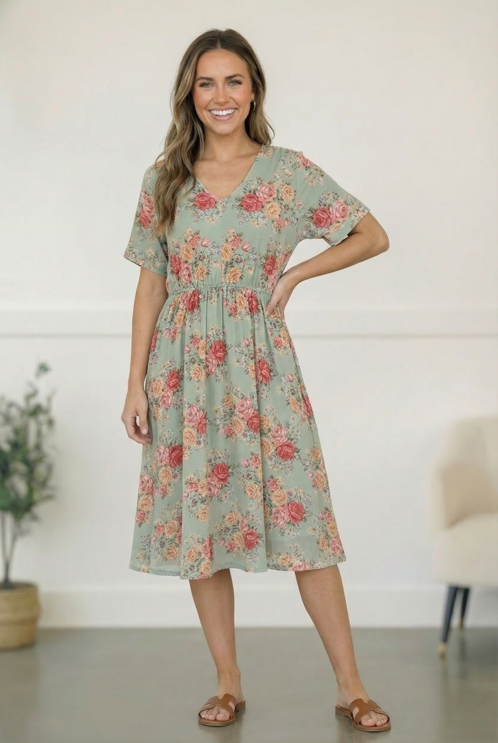Floral midi dress, vintage floral dress, sage green dress, wedding guest dress, midi dress with pockets, V-neck floral dress, spring fashion, modest floral dress, stretchy knit dress, garden wedding attire.